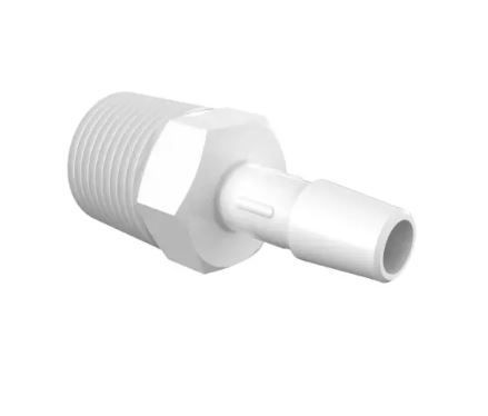 Adapter 3/8 BSPT Thread x 5/16 Barb in White Polypropylene