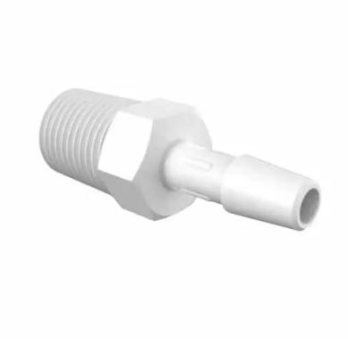 Adapter 1/4 BSPT Thread x 1/4 Barb in White Polypropylene