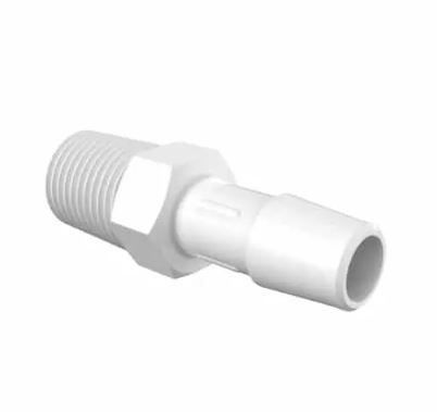 Adapter 1/4 BSPT Thread x 3/8 Barb in White Polypropylene