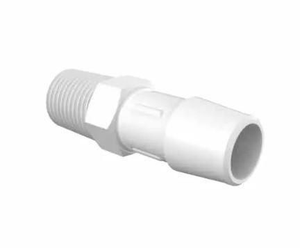 Adapter 1/4 BSPT Thread x 1/2 Barb in White Polypropylene