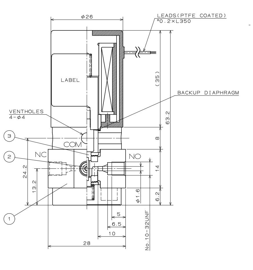 3-Wege Magnetventil mit Trennmembran, 1,4mm, 10-32 UNF, SUS306 / PTFE, 12VDC